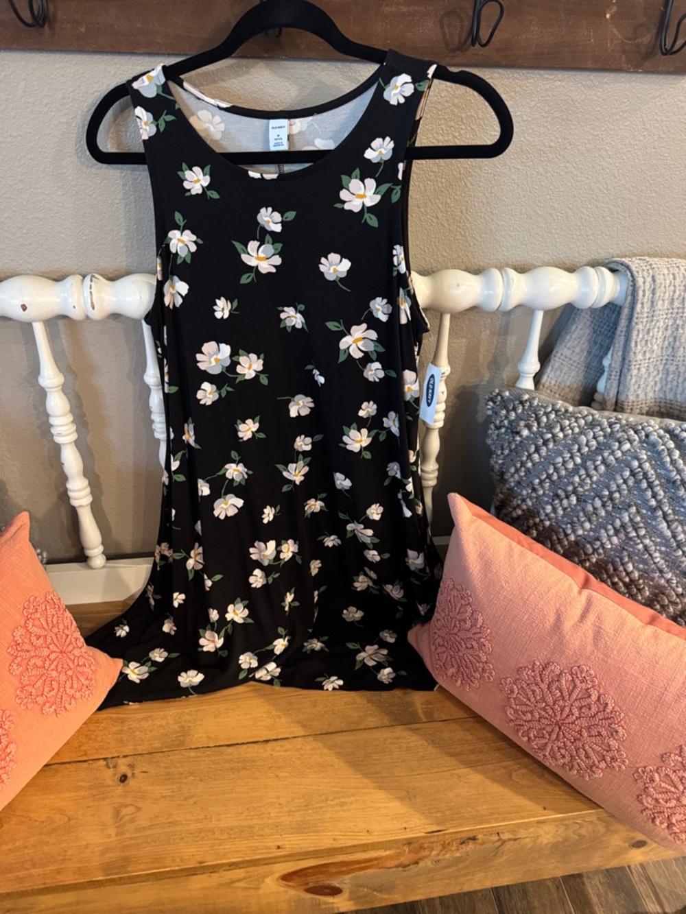 Old Navy NWT Black Floral Tank Dress with White & Green Blossoms